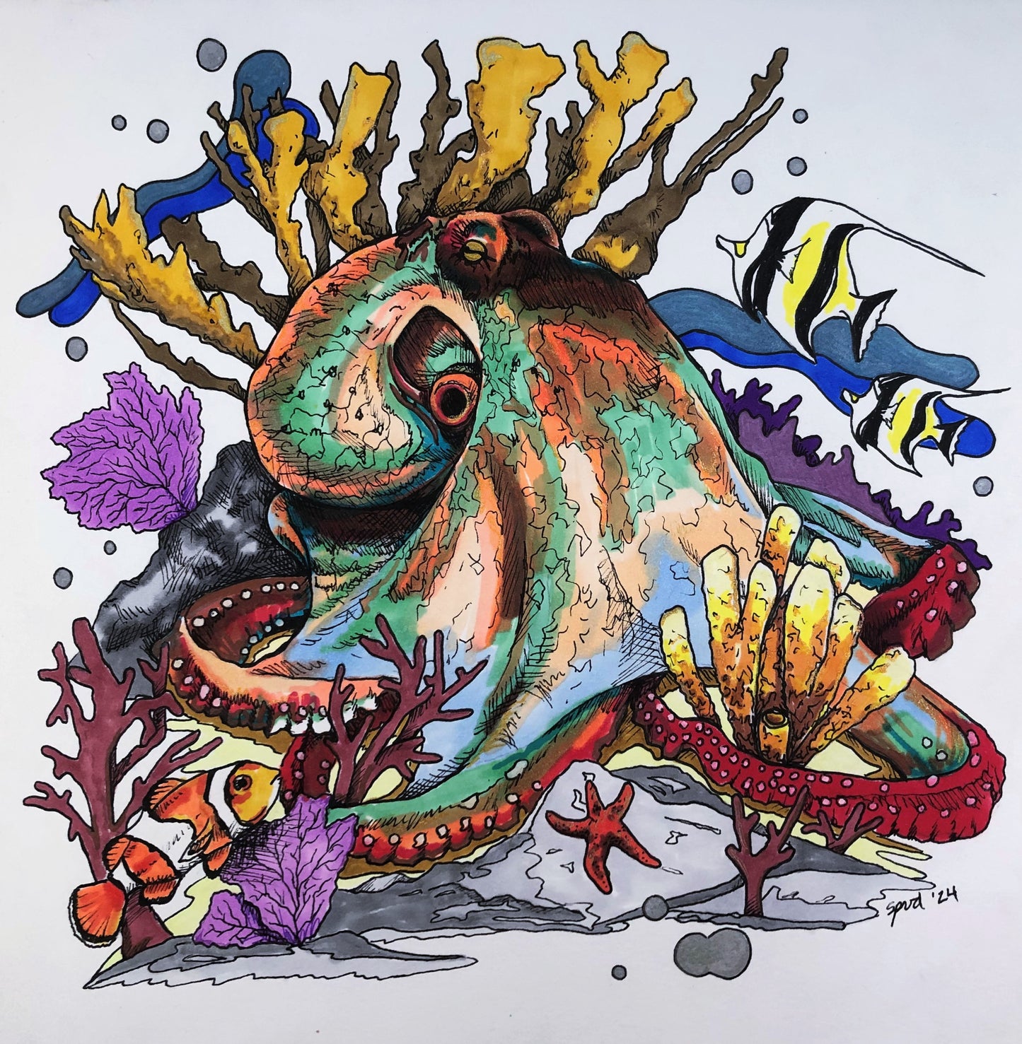 Original Drawing- Mixed Media- Octopus Garden