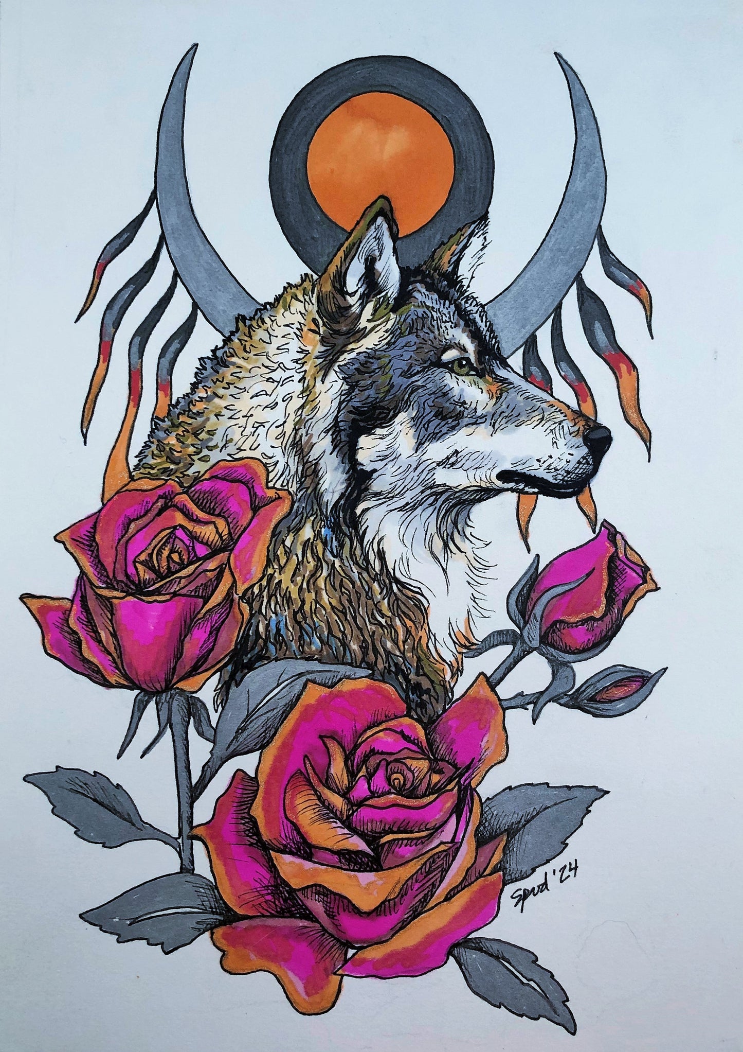 Wolf and Roses Giclee Print