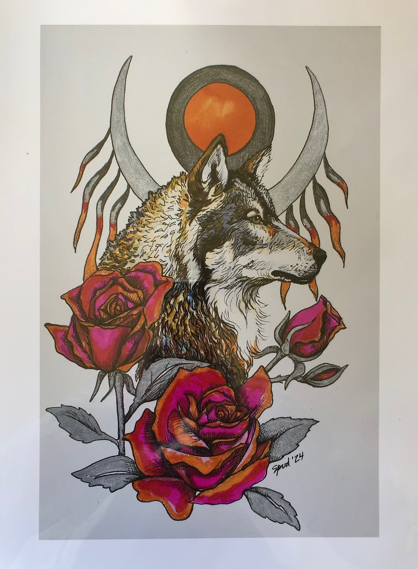Wolf and Roses Giclee Print